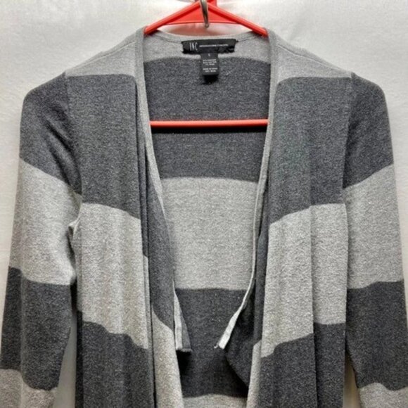 INC International Concepts Open Front Cardigan Women's Small Gray Stripe Midi - Picture 2 of 9